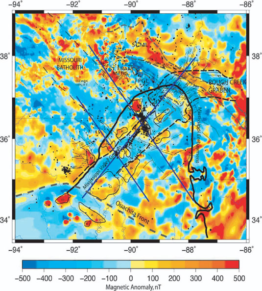 Magnetic anomaly and seismicity map for the central U.S.