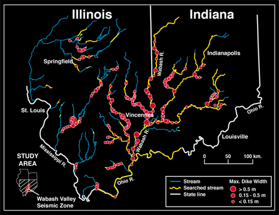 Map of sites where evidence of prehistoric earthquakes has been found.