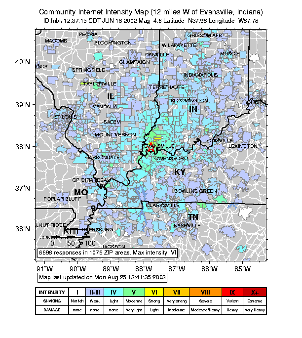 Map of shaking from a M4.6 earthquake that occurred June 18, 2002 twelve miles west of Evansville, IN (from the Central US 'Did You Feel It' USGS website at http://pasadena.wr.usgs.gov/shake/cus/).