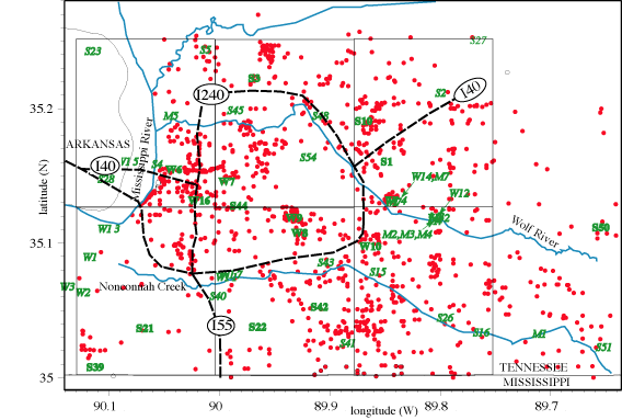 Map of log and shear-wave velocity measurements.