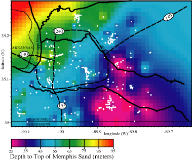 Estimated depth to the Memphis Sands throughout the mapped area.