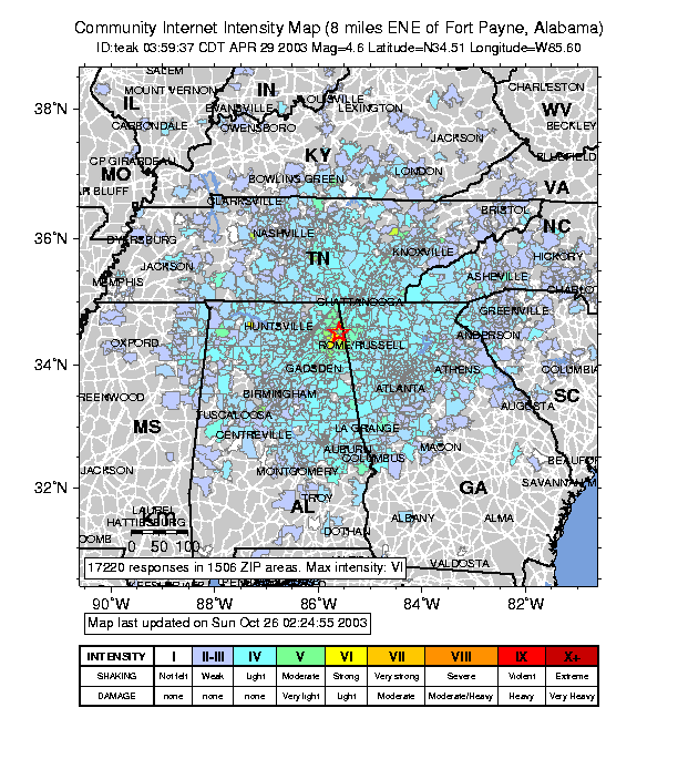 Intensity Map of Fort Payne, AL earthquake